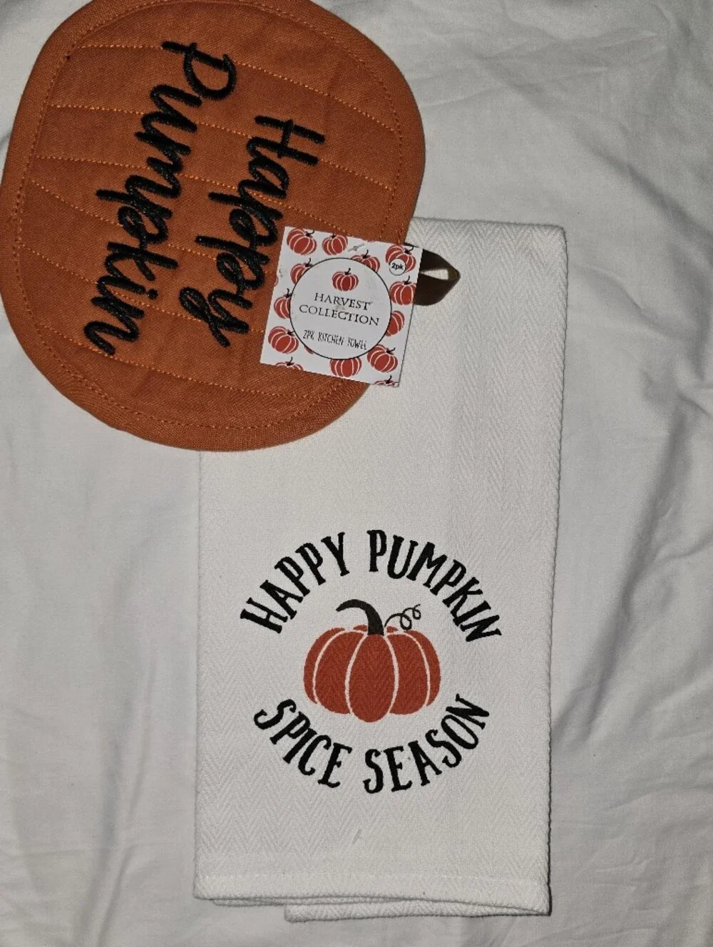 4pc Happy Pumpkin Orange Autumn Kitchen Set - Mug, Potholder & Towel